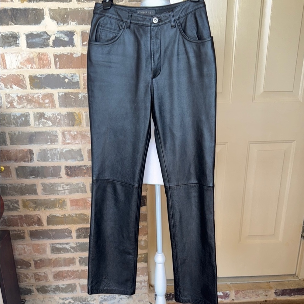 Vintage Copper Key Black Genuine Leather Straight Leg Pants Biker Chic Sz 3/4